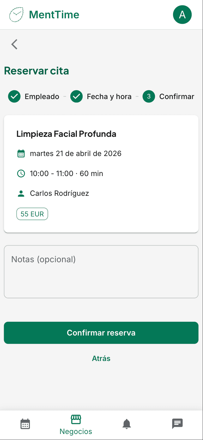 MentTime — confirmación de reserva